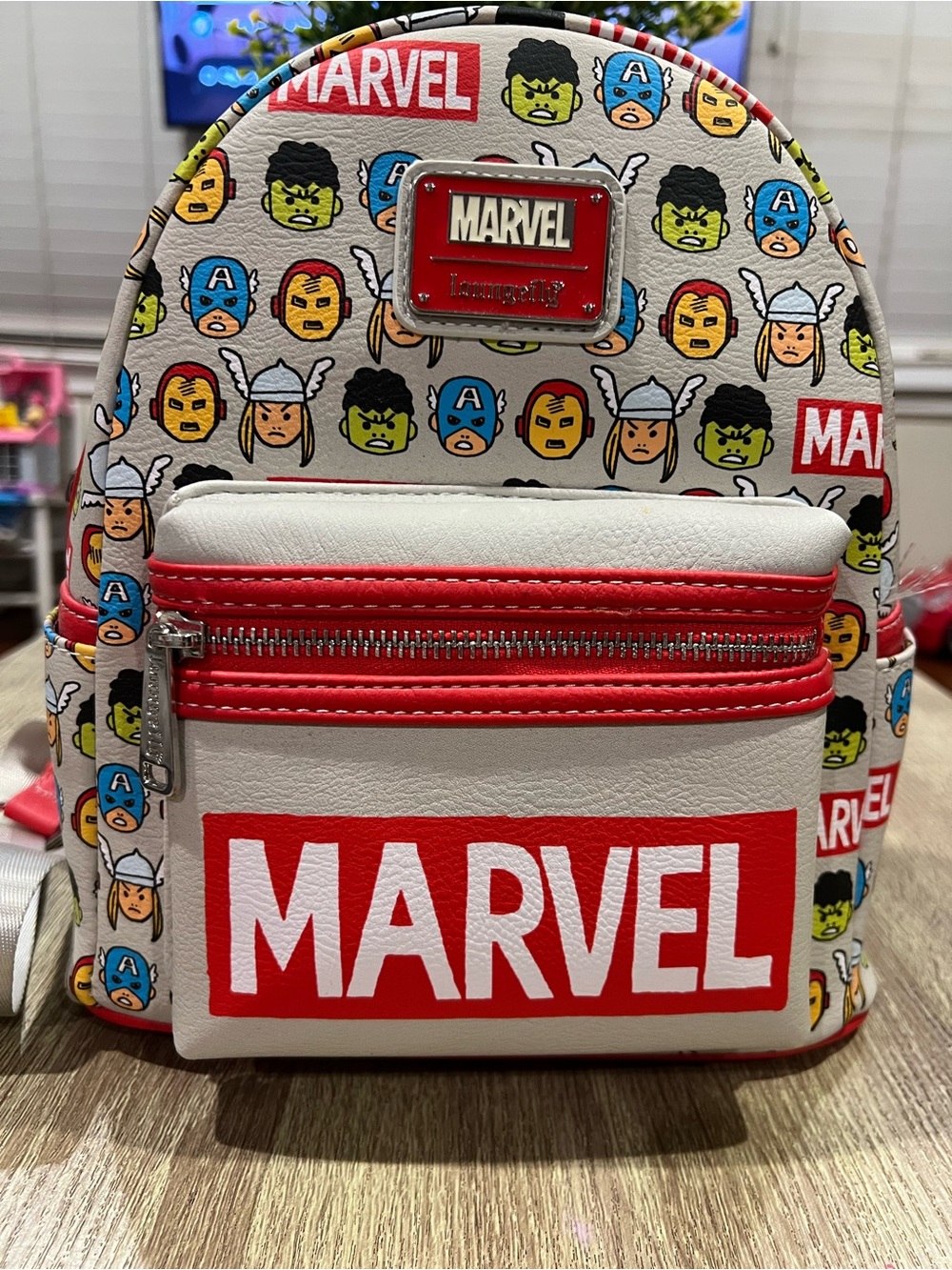 Loungefly White and Red Marvel Mini Backpack with Character Icon Print